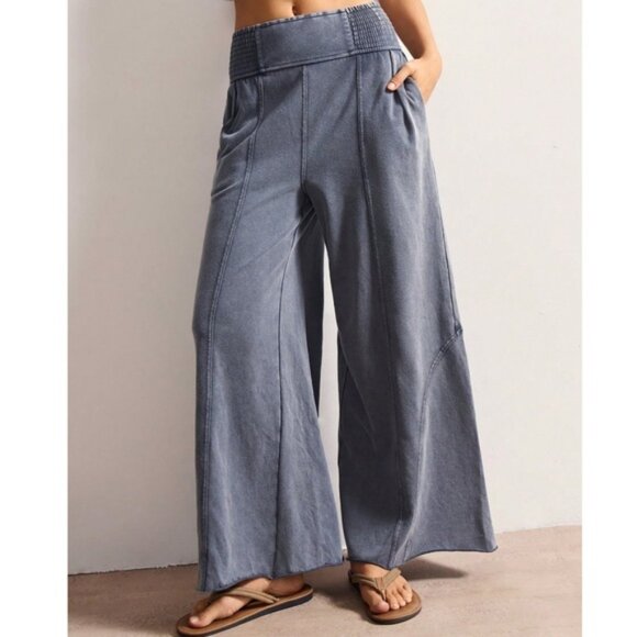 Pants - Vintage Wash Cotton Charcoal Stretchy Waist Wide leg Pants